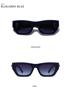 Detail view showing blue square frame sunglasses with gradient gray lenses from two angles