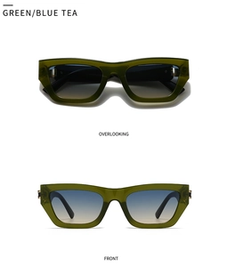 Macro view of green transparent square frame sunglasses with blue tea gradient lenses