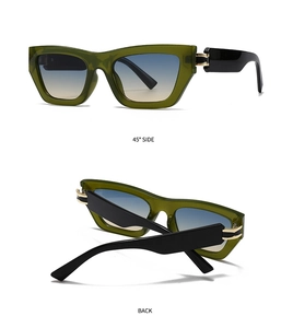 Detailed side and back view of olive green square sunglasses with gradient blue lenses