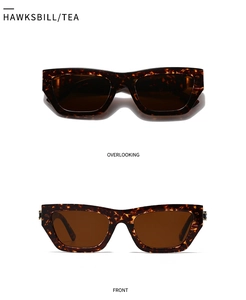 Detail view of tortoiseshell square sunglasses with metal hinges and flat top frame