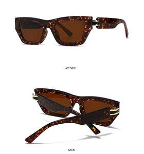 Detail view of tortoiseshell square sunglasses with gold metal hinges and brown lenses