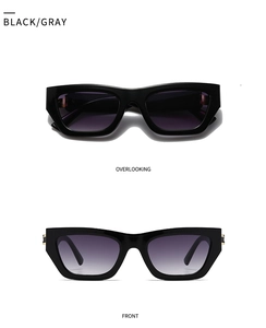 Front and top view of retro square black sunglasses with purple gradient lenses