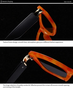 Macro detail of high-quality golden hinges on orange tortoiseshell square sunglasses