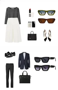 Flat lay fashion set featuring square sunglasses, chic clothing, and luxury accessories