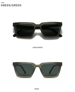 Détail de lunettes de soleil géométriques vert mat avec verres polarisés et branches bois