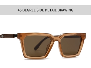 Vue latérale à 45 degrés de lunettes de soleil ambre avec branches effet bois