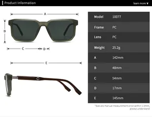 Detailed size chart for round polarising sunglasses with PC frame dimensions and specifications