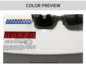 Polarized sunglasses showing UV400 protection test on professional testing equipment