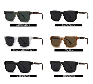 Detailed grid display of various color options for polarized square sunglasses with wood grain
