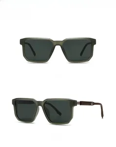 Detail view of round polarized sunglasses with green frames and wood grain temples