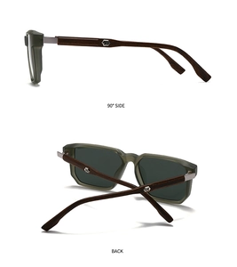 Detail of dark green frame sunglasses with wood grain temples and metal hinge logo