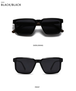 Detail view of round polarized sunglasses with matte black frame and wood grain temples