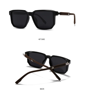 Detail of wooden temple with metal hexagon logo on black polarized sunglasses