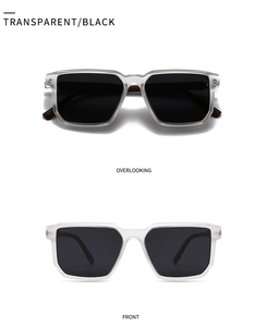 Front and top view of modern hexagonal matte grey sunglasses with dark black lenses