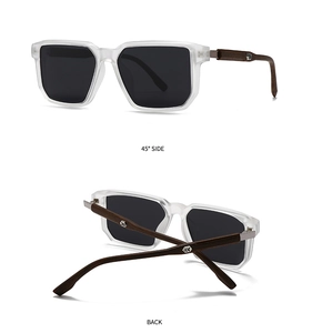 Detail view of polarized sunglasses showing 45-degree side angle and back fold with wood texture