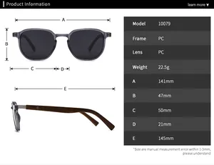 Detailed size chart for retro polarized sunglasses showing frame dimensions and PC material