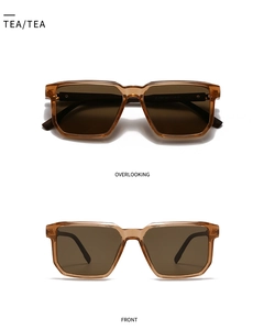 Front and top view of retro square tea-colored sunglasses with 1.1mm polarized lenses