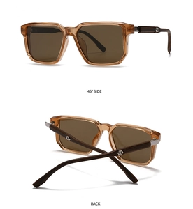 Detailed 45-degree side view of vintage square sunglasses with wooden temples and silver logo