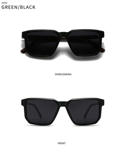Front and top view of matte black polarized sunglasses with green wood grain temples