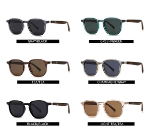 Retro square polarized sunglasses with wood grain temples in various frame colors