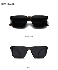 Detailed views of gray semi-transparent polarized sunglasses from front and overlooking angles