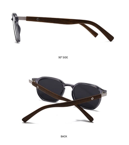 Detail view of polarized sunglasses with walnut wood temples and metal hinges