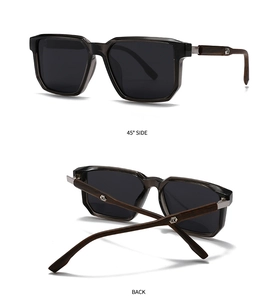 Detail view of round polarized sunglasses with translucent grey frame and wood grain temples