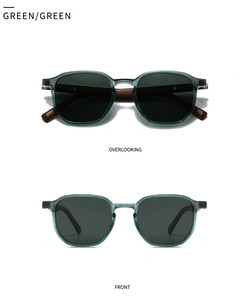 Top and front view of green translucent sunglasses with faux wood grain temples