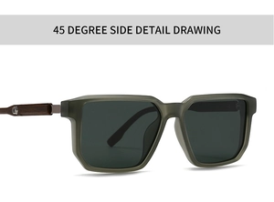 Detailed 45-degree side view of matte olive green polarized sunglasses with wood grain arms