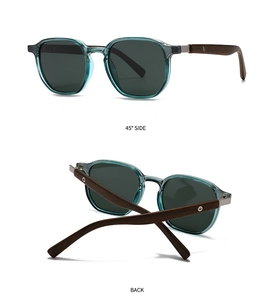 Detailed side and back view of retro square sunglasses with wood temples and green frame