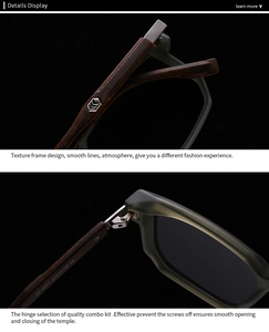 Macro detail of dark green polarized sunglasses with wood grain temples and silver logo