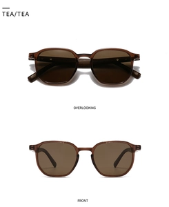 Detailed front and overlooking view of retro tea-colored polarized sunglasses