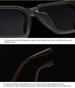 Detail of silicone nose pads and ergonomic anti-slip wood grain temples on sunglasses