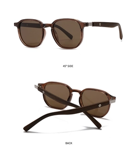 Detail view of retro sunglasses showing wood texture temples and 45-degree side profile
