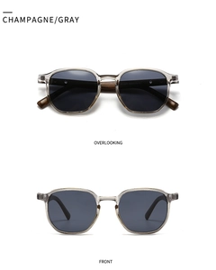 Detail view of champagne square sunglasses with wood grain temples and gray polarized lenses