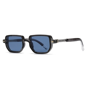 Vintage-Sonnenbrille mit grau-transparentem Rahmen, blauen Gläsern und Gold-Metall-Akzenten