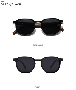 Front and top views of black square polarized sunglasses with detailed wood texture temples