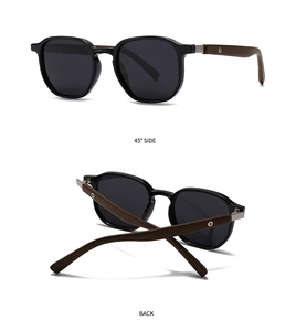 Detail of retro sunglasses featuring black frames and textured wooden temples at 45 degree angle