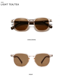 Macro view of retro square tea-colored sunglasses showing inner temple specifications