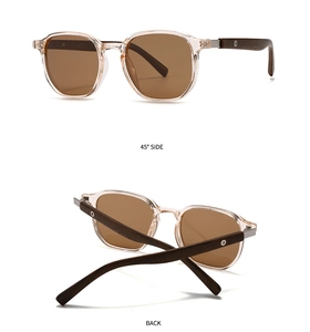 Detail view of champagne plastic frame and wood temples with silver metal accents