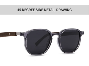 45-degree detail of translucent grey frames and dark brown wood temples with metal rivets