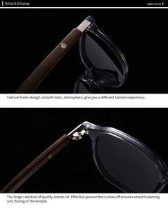Detail of dark brown wood grain temple with silver metal hinge on retro sunglasses