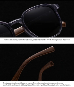 Macro view of walnut wood grain temples and ergonomic hinge design of sunglasses