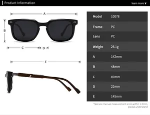 Detailed size chart for 10078 round polarized sunglasses with full frame dimensions