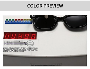 Detail showing UV400 protection test on black round sunglasses with polarized lenses