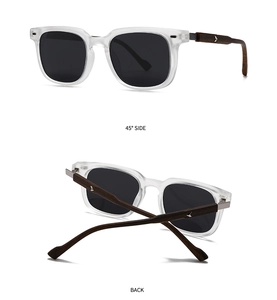 Detail view of 45-degree side and back of polaroid sunglasses with wood texture temples
