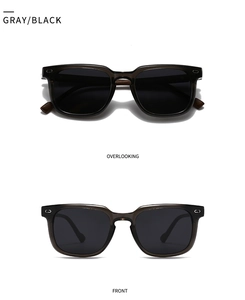 Front and top view of transparent gray square sunglasses with dark lenses and metal accents