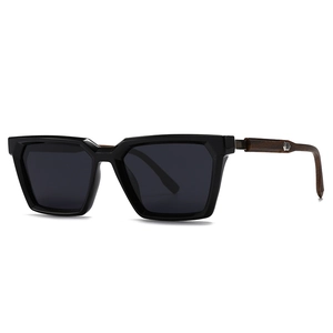 Lunettes de soleil polarisées rétro à monture noire rectangulaire et branches boisées