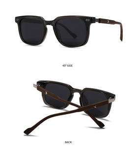 Detailed back and side view of round sunglasses with wood texture temples and metal logo