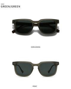 Detail view of olive green round polarized sunglasses with side temple specs and front angle